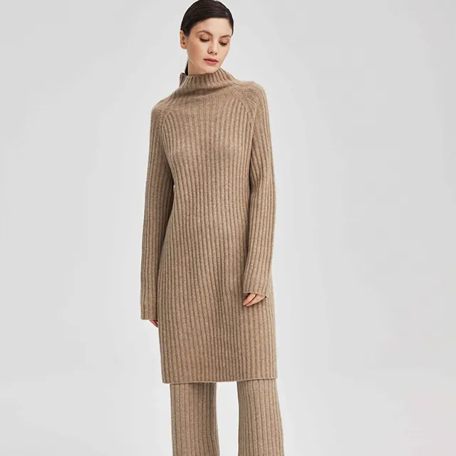 Женский кашемировый свитер 100%, широкие ребристые вязаные комплекты, мягкие кашемировые брюки, кашемировый свитер