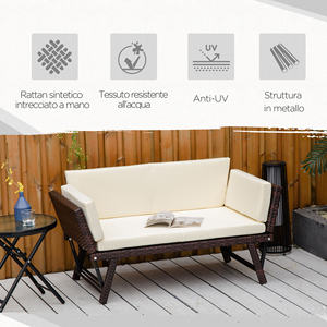 Outsunny Sofá 2 Plazas con Reposabrazos Extensibles para Jardín Rattan 129x63x67cm Blanco, Marrón - Product Image 5