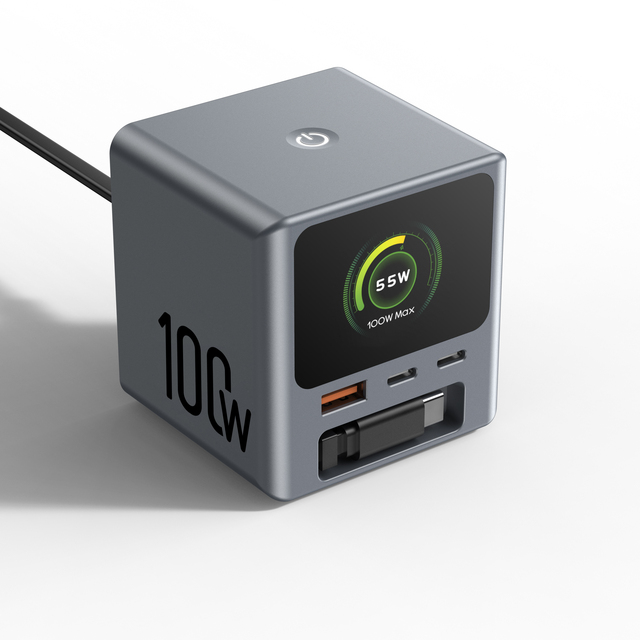 2c1a Pd 3.0 Ai Desktop Charger 100w Max with Retractable Cable and Digital Screen Smart Device Recognition for iphone 15 16 17