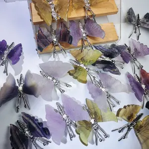 Silver Metal Body Crystals Carving Craft Dragonfly Healing Stone Animal Rainbow Fluorite Butterfly