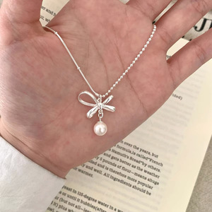 S925 <b>Silver</b> Bowknot Pearl Necklace 40.5Cm Everyday Wear Elegant <b>Choker</b> - Product Image 1