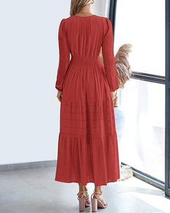 Robe élégante pour femmes à manches longues et col en V, avec taille plissée et ourlet superposé, pour un usage quotidien, robe fluide - Product Image 4