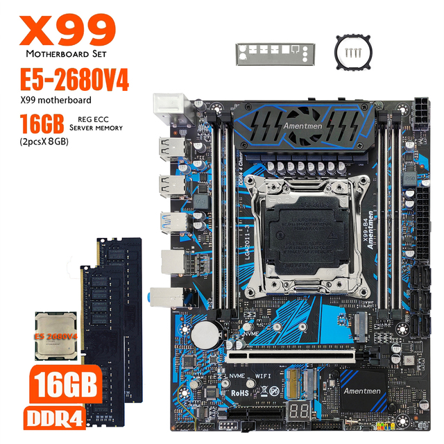 Amentmen X99 B4 Motherboard Set LGA 2011-3 Kit With Xeon 2680V4 CPU 16GB (2*8G) 4 Channel LED Indicator 8 Phase Power