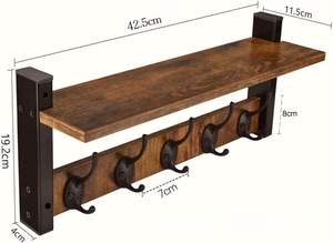 Étagère murale de 42,5 cm avec crochet, porte-manteau en bois avec étagère, support mural pour suspendre les vêtements, étagère suspendue pour l'entrée - Product Image 2