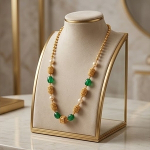 925 Silver Antique Green Stone and Pearl Mala Necklace Traditional Ethnic Long <b>Chain</b> Jewelry for Women Wear - Product Image 2