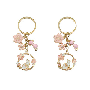 Pink Cherry Blossom Cat <b>Keychain</b> Zinc Alloy Round Fashion Jewelry Accessory For Creative DIY Gifts - Product Image 1