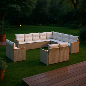 ชุดโซฟาหวายสีเบจสำหรับสวน พร้อมเบาะโฟมความหนาแน่นสูง เฟอร์นิเจอร์กลางแจ้งกันน้ำ ดีไซน์ร่วมสมัย - Product Image 2