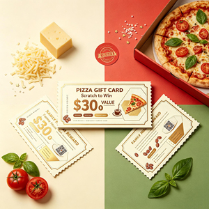 บัตรขูดรางวัลงานเปิดตัวครั้งใหญ่ ปรับแต่งพร้อมโลโก้สำหรับร้านพิซซ่าและร้านอาหาร ตั๋วจับรางวัลแบบเจาะรูบนกระดาษเคลือบเงา - Product Image 6