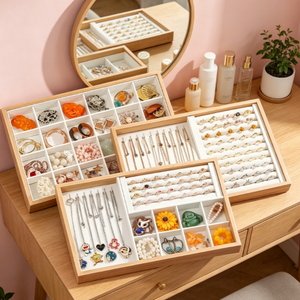 Natural Wooden Divided <b>Jewelry</b> Tray, Multi-grid Earring Ring <b>Necklace</b> Storage Display Organizer <b>Box</b> - Product Image 6
