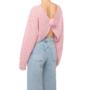 Maglione da Donna Personalizzato all'Ingrosso con Scollo Aperto, Sexy, Fatto a Mano, con Fiori, Crop Top <span class=keywords><strong>in</strong></span> Rete, <span class=keywords><strong>Tulle</strong></span>, Pizzo, <span class=keywords><strong>Maglia</strong></span> Pointelle <span class=keywords><strong>in</strong></span> Cotone e Acrilico - Product Image 4