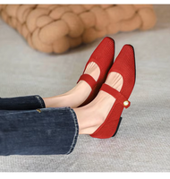Sepatu Wanita Rajut Model Mary Jane, Ujung Runcing, Sepatu Balet, Kancing Mutiara, Tali Gesper, Bernapas, Penyangga Lengkung Kaki, Sol Karet