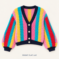 Cardigan en crochet personnalisé pour femme, motif arc-en-ciel, boutons sur le devant, manches longues bouffantes, manteau en tricot pour un style décontracté au quotidien