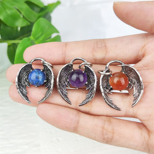 Terlaris baru trendi perak antik sayap malaikat batu permata alami batu kecubung merah Jasper kristal bulat batu liontin untuk hadiah - Product Image 4