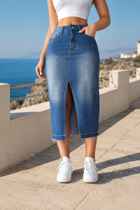 Falda vaquera midi de cintura alta para mujer, estilo vintage reconstruido con abertura frontal, azul medio, lavado a la piedra, bajo sin rematar, ajuste holgado, ideal para verano. - Product Image 3