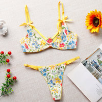 Nouvelle Tendance : Lingerie de Nuit Sexy pour Femme à Imprimé Floral, avec Bonnets Ouverts, Bretelles à Anneau Métallique et Nœud, Bonnets Découpés, Ensemble String, Vente en Gros OEM