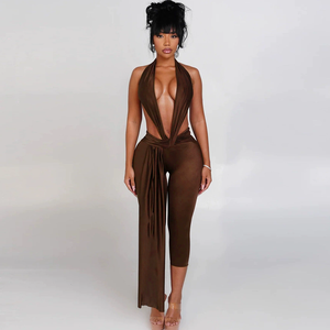 Otoño 2025, ropa de moda para mujer, Sexy, <span class=keywords><strong>Halter</strong></span>, escote en V profundo, sin espalda, para mujer, ahueca hacia fuera, monos informales ajustados de una pieza, ropa de Yoga - Product Image 5