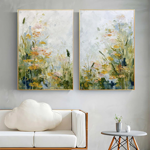Diptyque abstrait surdimensionné fait main encadré, motif champêtre impressionniste de <span class=keywords><strong>fleurs</strong></span> sauvages, pour décoration murale commerciale - Product Image 1