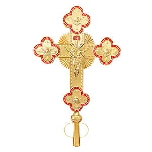 HT新设计宗教供应商制造东正教天主教大十字架双面手持耶稣受难像游行十字架