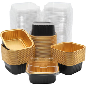 Wholesale 300ml 10oz 100pcs Square <b>Cupcake</b> Foil <b>Cups</b> Disposable Mini Cake Pans Aluminum Foil Baking Containers With Plastic Lids - Product Image 1