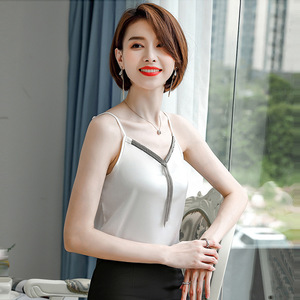 Women's V Neck Sleeveless Camisole Top With Tassel Detail Solid Color Polyester Blouse For Office Wear - Product Image 3