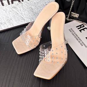 Sandales à talons hauts pour femme, transparentes en PVC, ornées de strass, à bout ouvert, style mule, talon aiguille en acrylique - Product Image 2