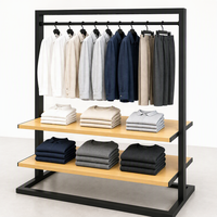 Table de présentation en bois à deux niveaux en métal noir avec crochets pour chapeaux, présentoir d'accessoires de vente au détail, vente en gros