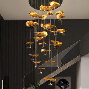 Gold <strong>Copper</strong> Hanging <strong>Lamp</strong> Hotel Modern High Ceiling Chandelier Handmade Lotus Leaf Staircase Duplex Hall Pendant Light - Product Image 5