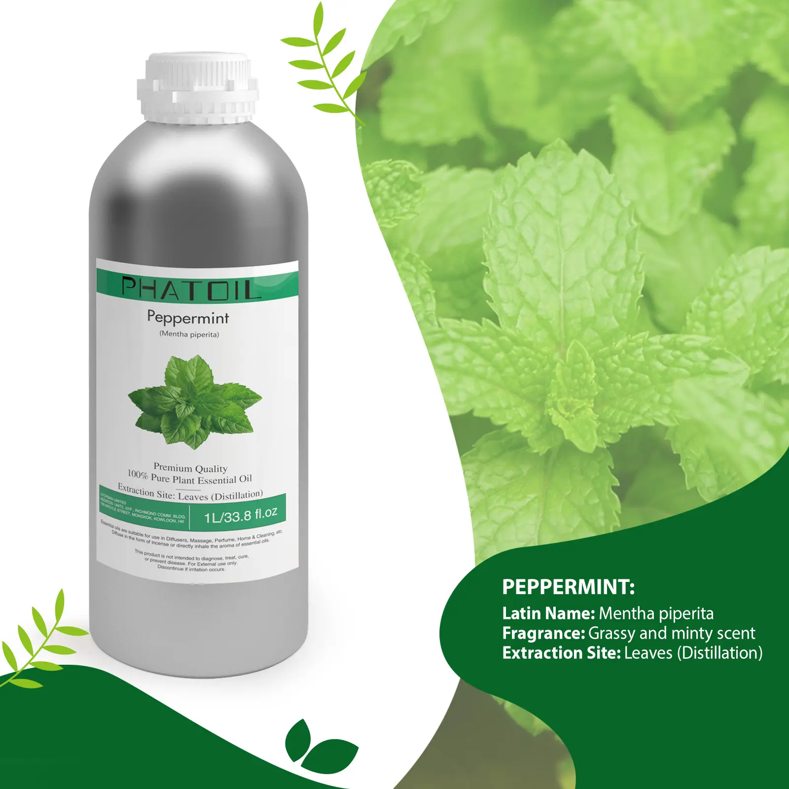 Extrait de plante en vrac d'usine huile essentielle de menthe poivrée de grande capacité pour les soins de la peau d'aromathérapie à domicile