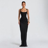 Ventes en gros de robes longues d'été chics à col en U, dos nu, à armature en os de poisson, sexy, à bretelles, enveloppantes, pour fête d'anniversaire, robes de soirée pour femmes