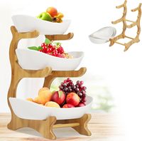 Présentoir à fruits à plusieurs niveaux en gros – Support de rangement en bois à 3 niveaux pour légumes et fruits avec assiettes en céramique