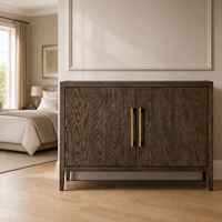 Buffet de rangement moderne et minimaliste en chêne espresso à 2 portes pour salon, salle à manger, entrée, maison contemporaine