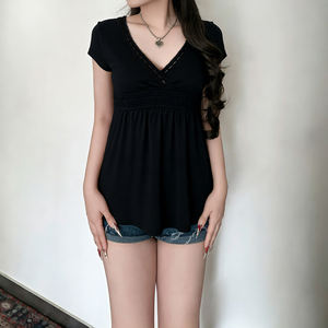 T-shirt sans bretelles ajusté pour femme, couleur unie foncée, taille haute, décontracté, manches courtes, écologique, respirant, haut d'été - Product Image 4