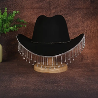 Chapeau de cowboy noir en feutre personnalisé avec franges en strass pour femmes, idéal pour les festivals de musique gothiques et les fêtes (vente en gros)