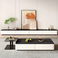 Table basse et meuble TV modernes avec plateau en pierre frittée et bois, meuble TV pour salon