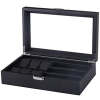 Boîte de rangement et de présentation haut de gamme en fibre de carbone noire pour 6 montres et 3 paires de lunettes, avec intérieur en cuir PU