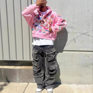 Su misura American Retrò Gothic <span class=keywords><strong>Rock</strong></span> Hip Hip Happwear lavato con cappuccio con stampa digitale DTG felpa con cerniera ritagliata per gli uomini - Product Image 3