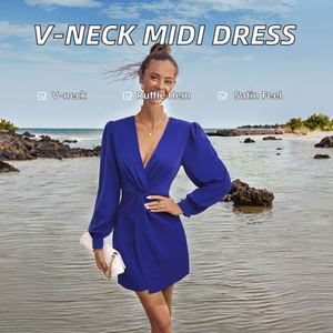 Abito Estivo alla Moda in Tinta Unita con Scollo a V Profondo in Raso Vita Alta Asimmetrico Traspirante con Vita Stretta e <span class=keywords><strong>Maniche</strong></span> <span class=keywords><strong>Lunghe</strong></span> Scoperte - Product Image 1