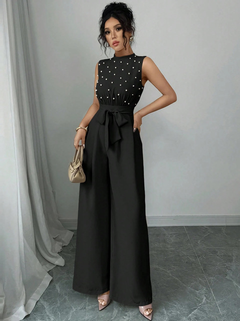D&M Custom European American Women's Jumpsuit Spring Summer Elegant Black Polka Dot O-Neck Sleeveless Wide-leg Polyester Pants