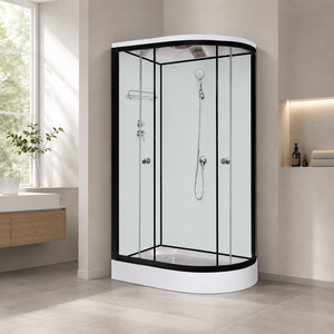 Cabina Doccia Angolare Nera Opaca con Cornice e Vetro Satinato con Motivo Damascato, Doccia a Pioggia per Ristrutturazione Appartamenti - Product Image 2