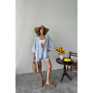 Conjunto de Túnica y Pantalones Cortos a Rayas Azules para Mujer, Nuevo Conjunto de Dos Piezas Ajustado por Encima de la Rodilla para Verano - Product Image 2