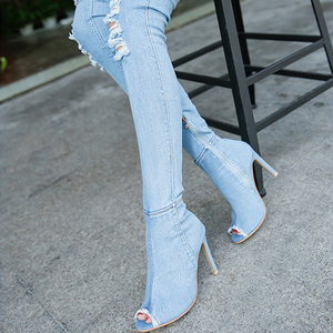 สไตล์ Peep Toe รองเท้าผู้หญิง Denim ฤดูหนาวและฤดูใบไม้ร่วงรองเท้าส้นสูงรองเท้าคาวบอยสำหรับผู้หญิง