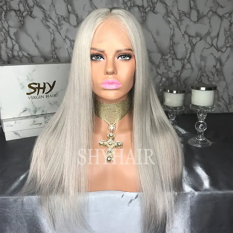 Good Looking Glueless Straight Silver Grey Human Hair Full Lace Wig With Baby Hair