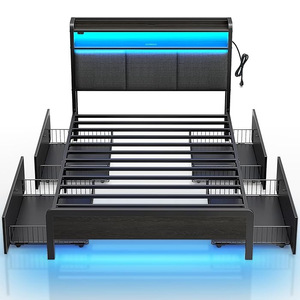 Cross-border hot-selling American industrial style steel and wood structure <b>double</b> <b>bed</b> with <b>storage</b> space and sensor light - Product Image 1