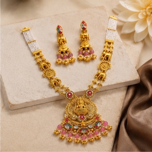 Traditional 925 Silver Strand Necklace Earrings Set with Pink Beads <b>Elephant</b> Pendant Temple Jewelry for Women Bridal Party <b>Gift</b> - Product Image 2