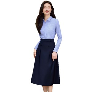 Women's Long Sleeve Striped Shirt With Long Skirt Set Office Lady Spring Oxford Fabric Turn <b>Down</b> Collar Full Sleeve - Product Image 5