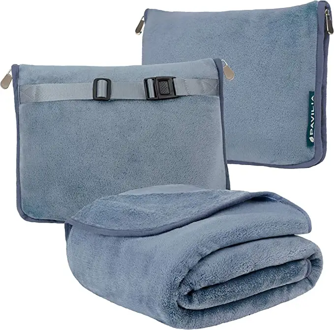 Travel Blanket and Pillow Dual Zippers Clip On Strap Warm Soft Fleece 2 in 1 Combo Blanket Airplane Camping Car Compa