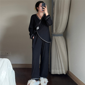 Conjunto de Pijamas de Manga Longa para Mulheres Tamanho Extra Grande, V-neck, Sólido, para 1-150kg, Roupas Confortáveis para Casa, Cardigan Solto - Product Image 1