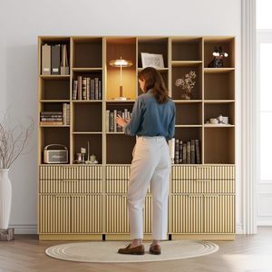 <span class=keywords><strong>Bibliothèque</strong></span> murale moderne en bois d'ingénierie, avec portes hautes cannelées, tiroirs et <span class=keywords><strong>étagère</strong></span> de rangement à 4 niveaux, écologique - Product Image 2