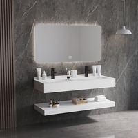 Meuble de salle de bain moderne double vasque en céramique avec miroir rectangulaire, en dalle de roche double couche, résistant à l'eau, pour hôtel et appartement