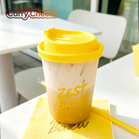 Gobelets à café en plastique PET transparents à fond rond Lala Land de 14 oz et 16 oz avec couvercles jaunes colorés, impression personnalisée du logo, jetables